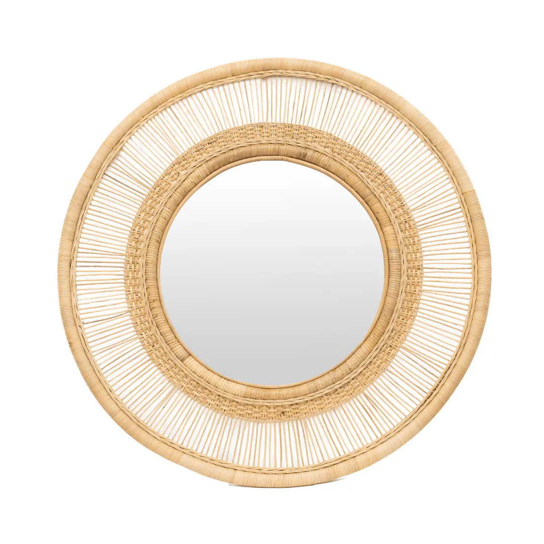 Handwoven circular cane mirror inspired by Malawi design, perfect for enhancing space and light in any room.