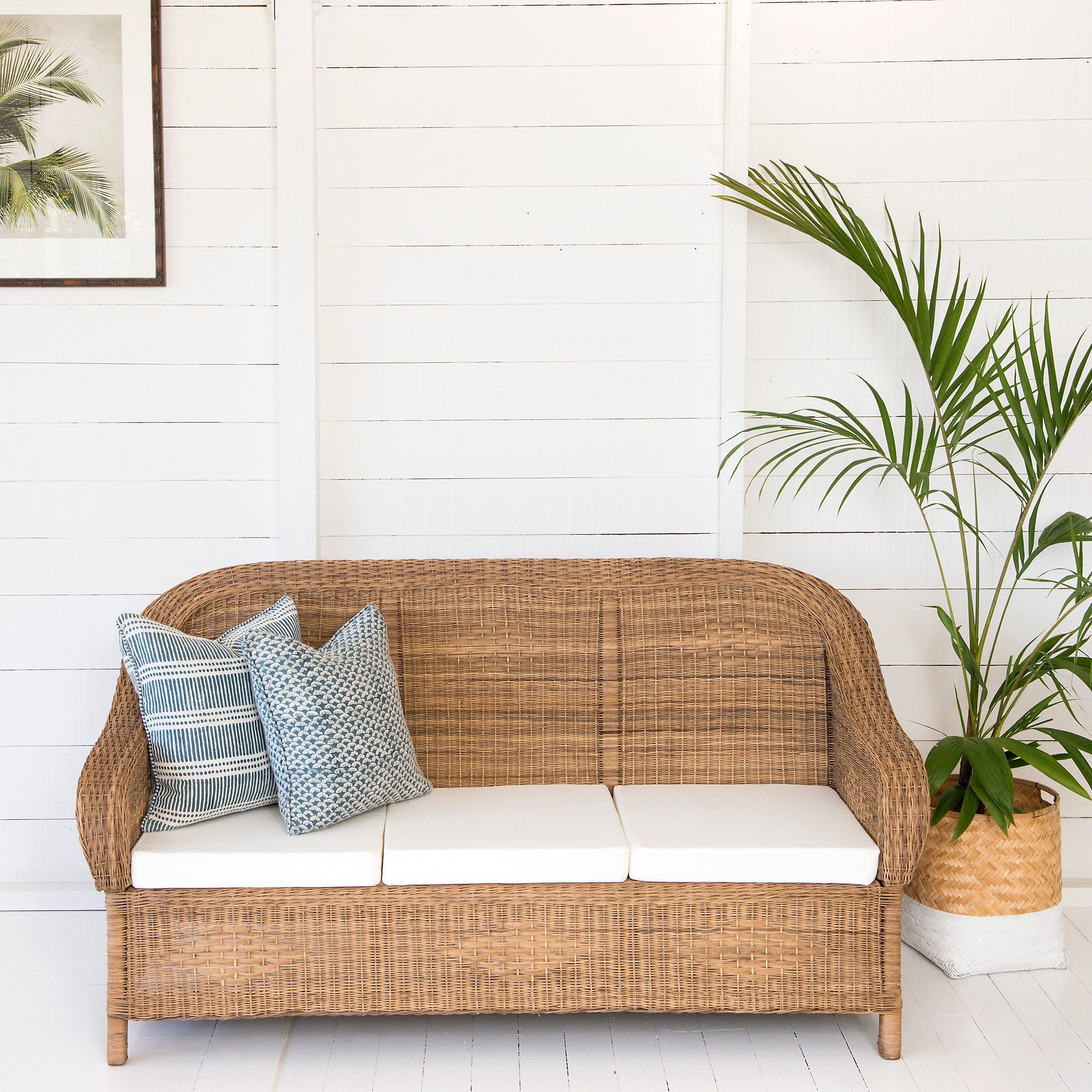 Wicker sofa with cushions against a white wooden wall with a plant on the right.
