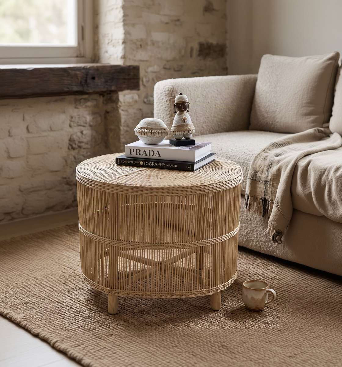 A round woven rattan coffee table in a warm beige tone, styled in a rustic living room setting with a stack of books, decorative objects, a textured sofa, and a woven rug.