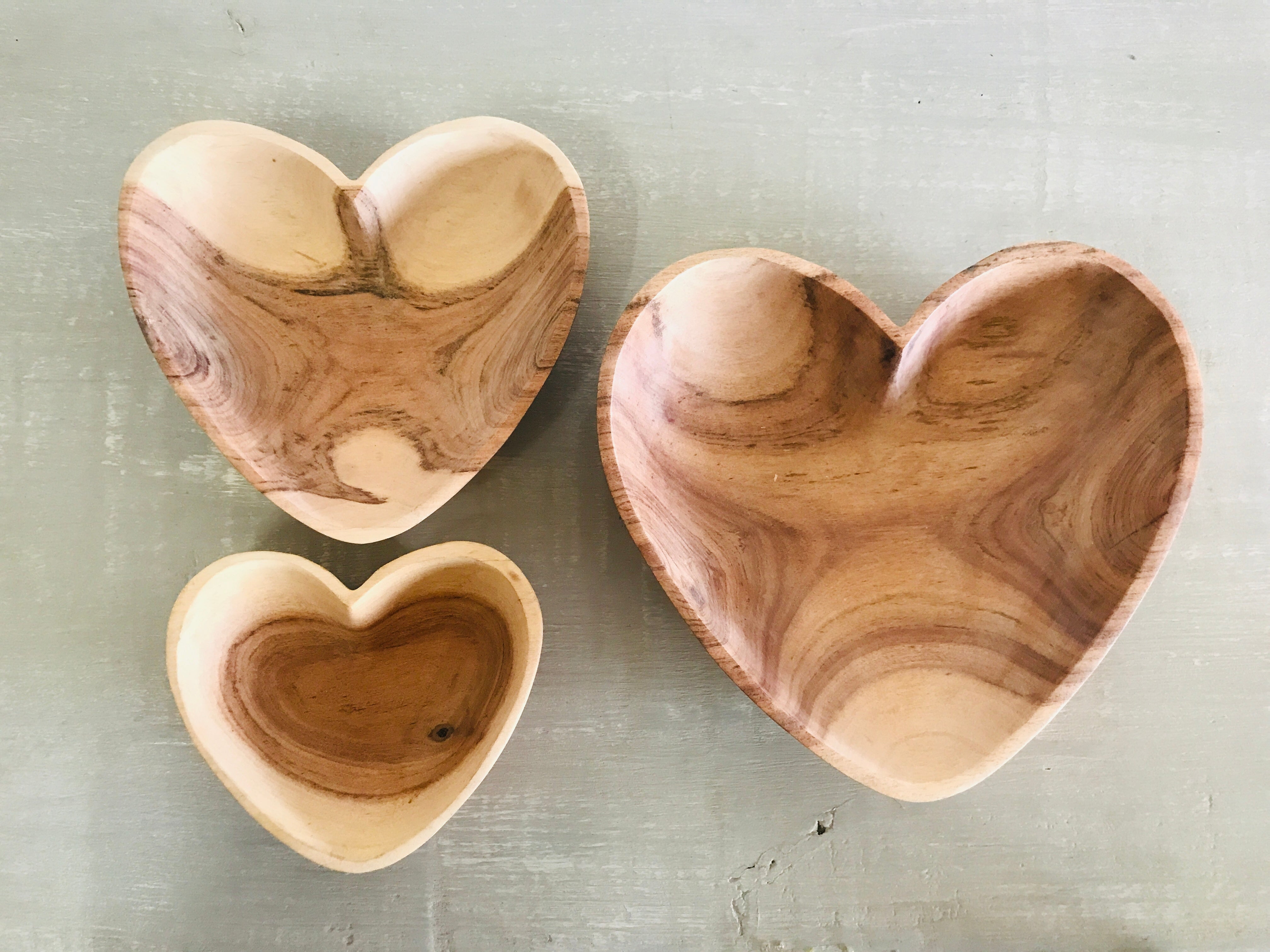 set of three heart shaped bowls wooden carved