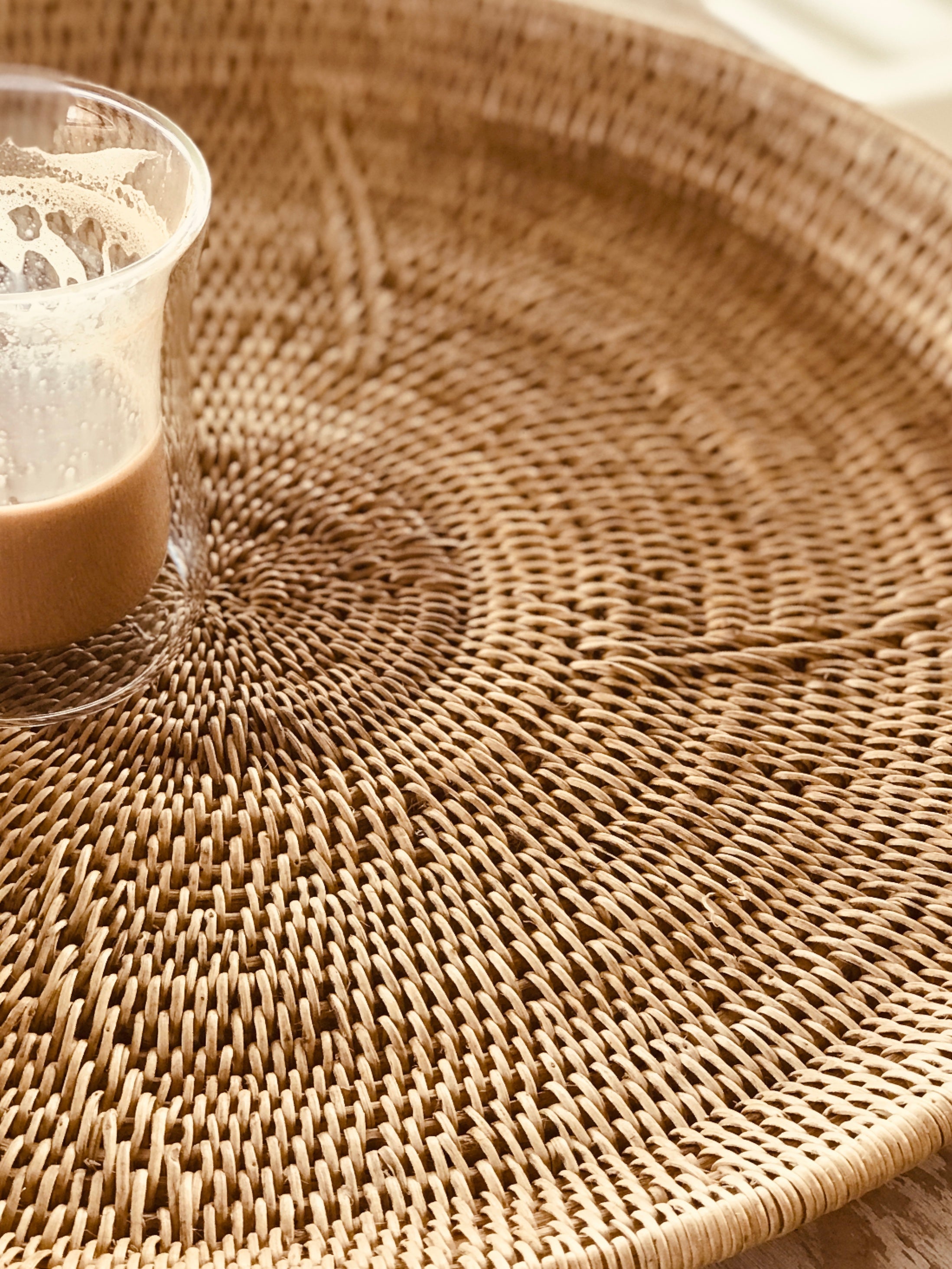 Handcrafted extra large statement tray with intricate makenge root weaving, perfect for coastal-inspired decor.