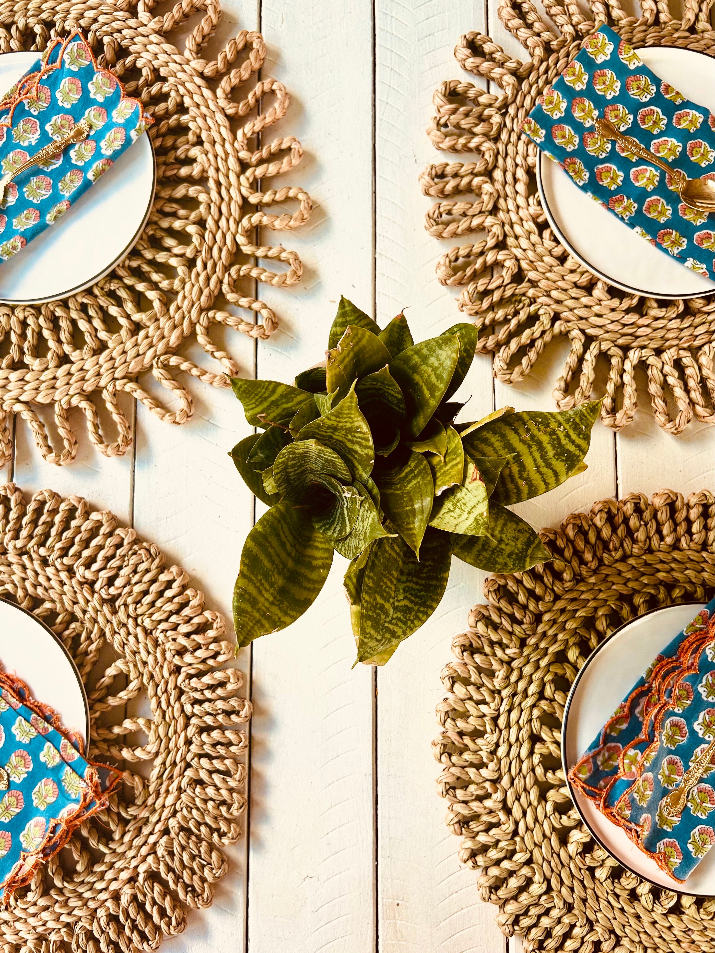 Handwoven scalloped placemats with vibrant napkins and a green plant centerpiece on a rustic wooden table setting.