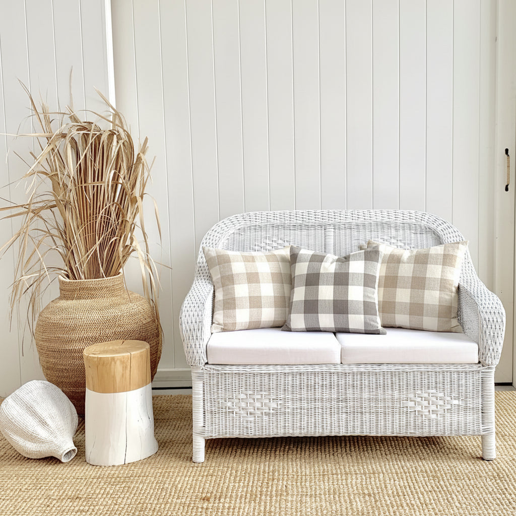 Wicker loveseat with cushions in a room with decorative elements.