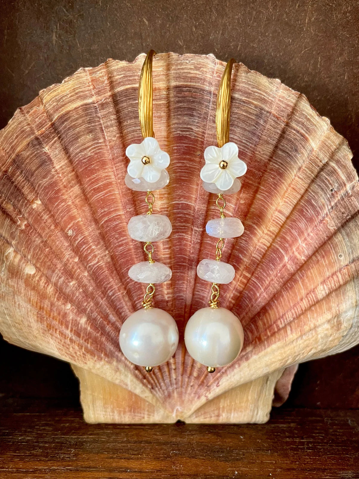 Handcrafted ocean-inspired Gabriella Earrings featuring baroque pearls, mother of pearl flowers, and moonstone beads.