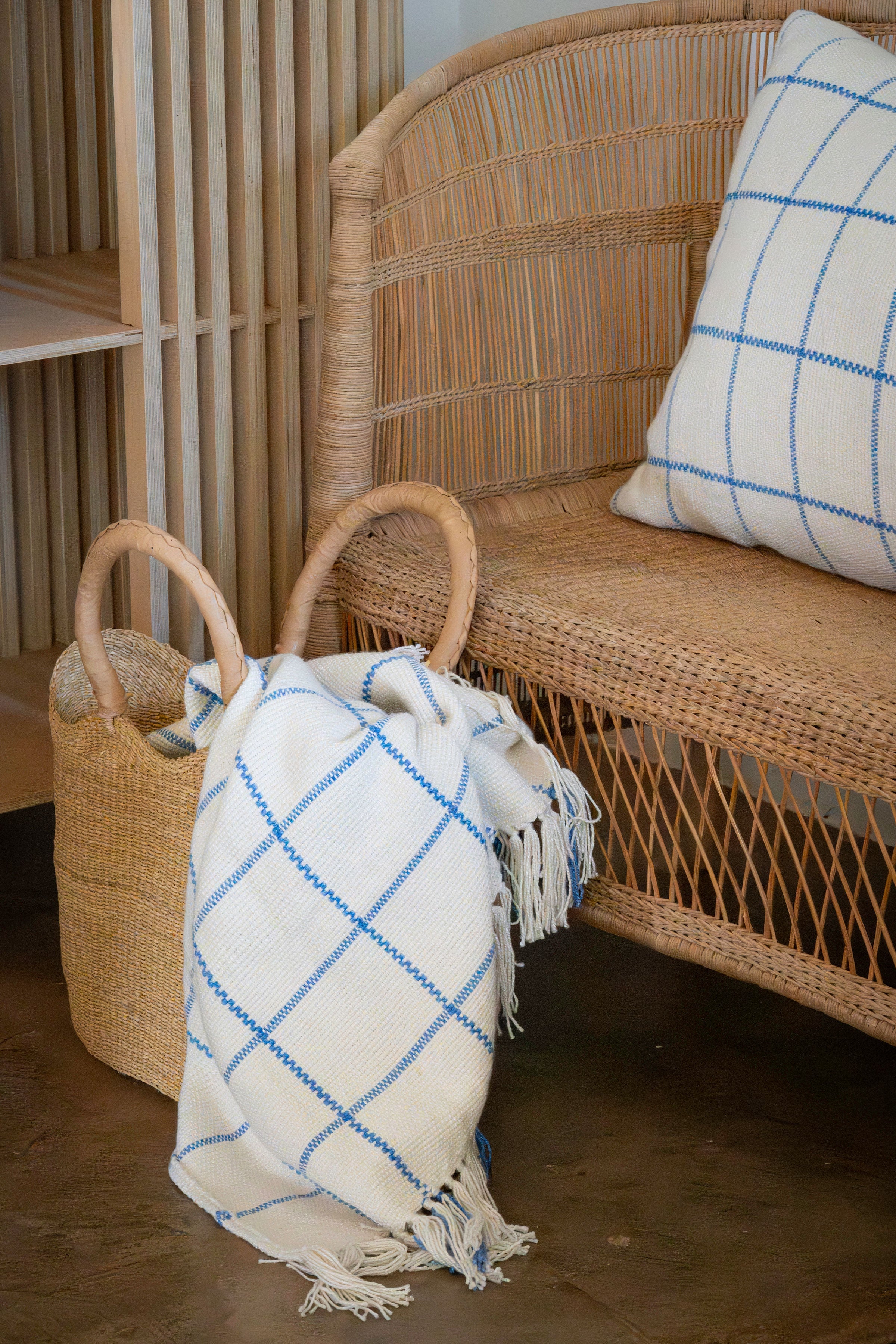 Ocean Blue Check Throw Blanket | Handwoven Cotton and Bamboo
