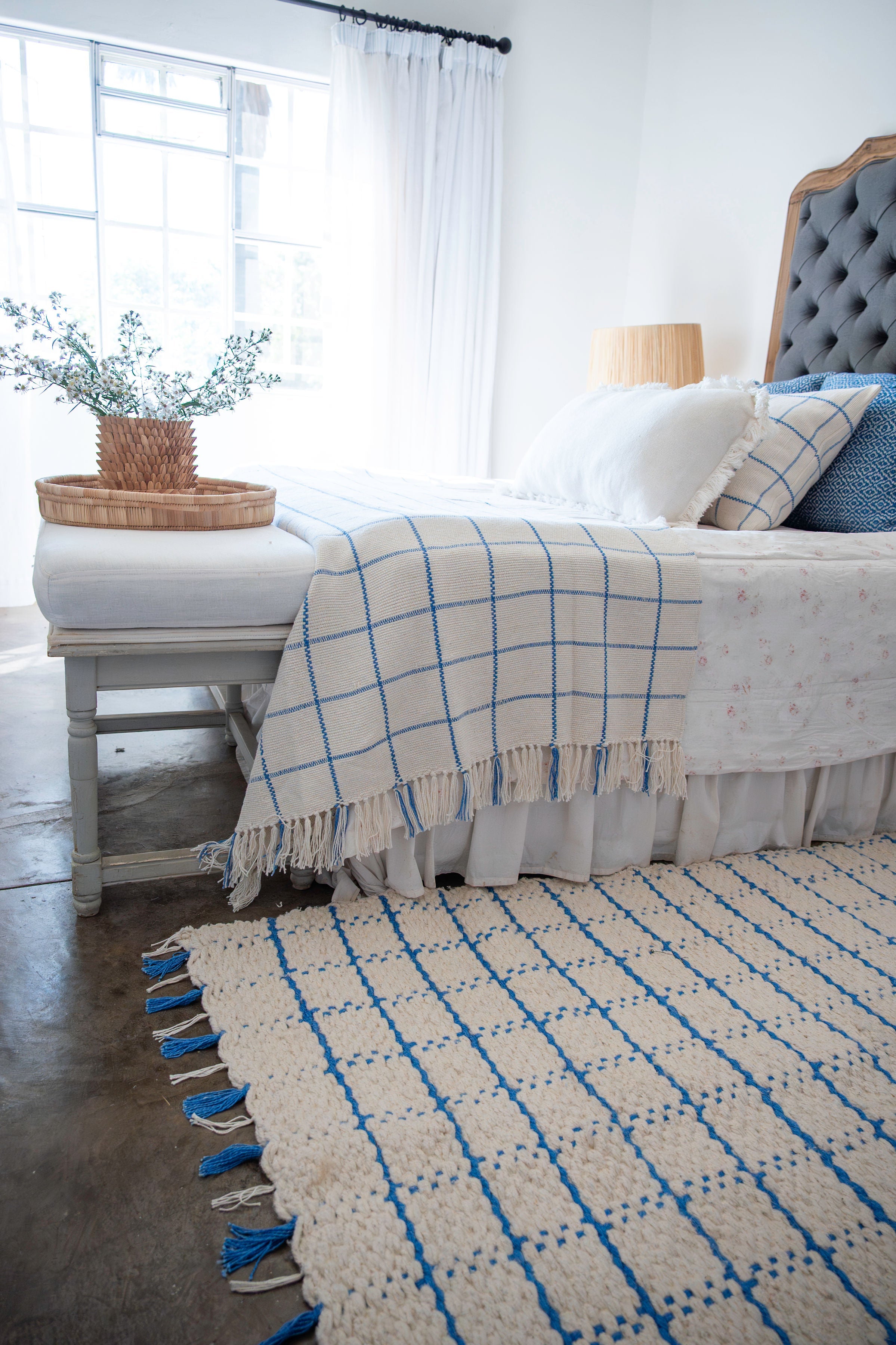 Ocean Blue Check King Blanket | Handwoven Cotton and Bamboo