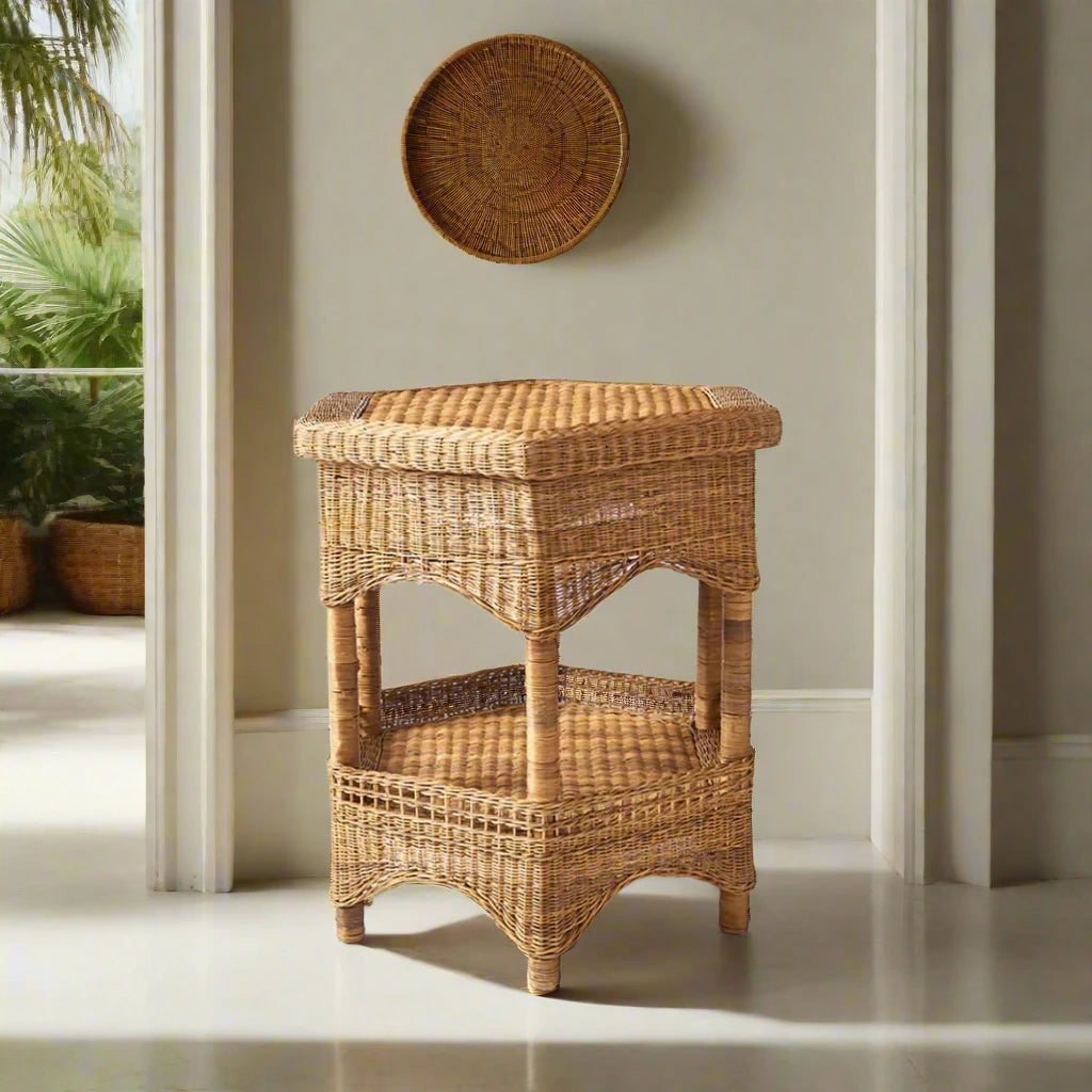Handwoven rattan hexagon side table with lower shelf, perfect for beach picnics or stylish home decor.