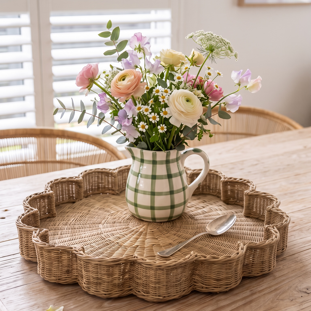 A scalloped natural rattan serving tray holding a green and white checkered ceramic pitcher filled with pastel flowers, set on a rustic wooden dining table in a bright room.