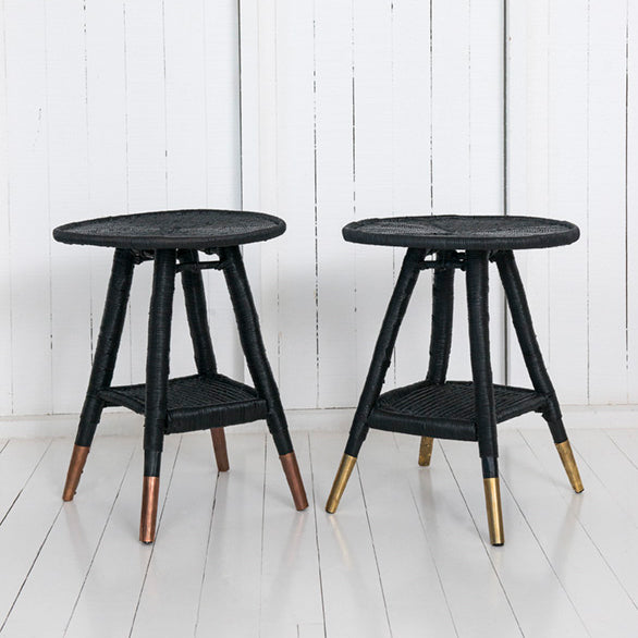 traditional round side table with brass or copper feet