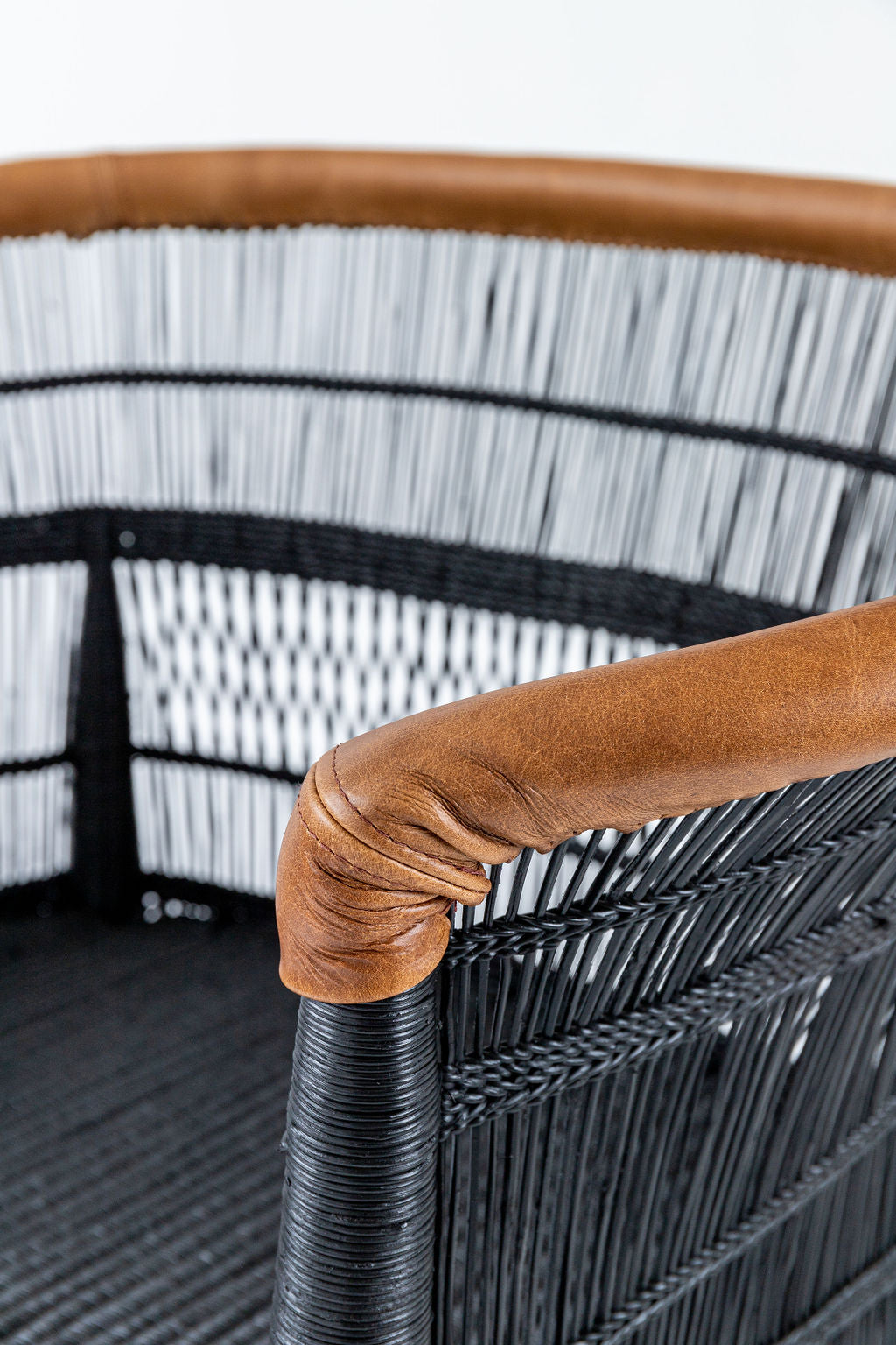 Imperfect - 1 x Black 1-Seater Malawi Cane Chair with Leather Trim