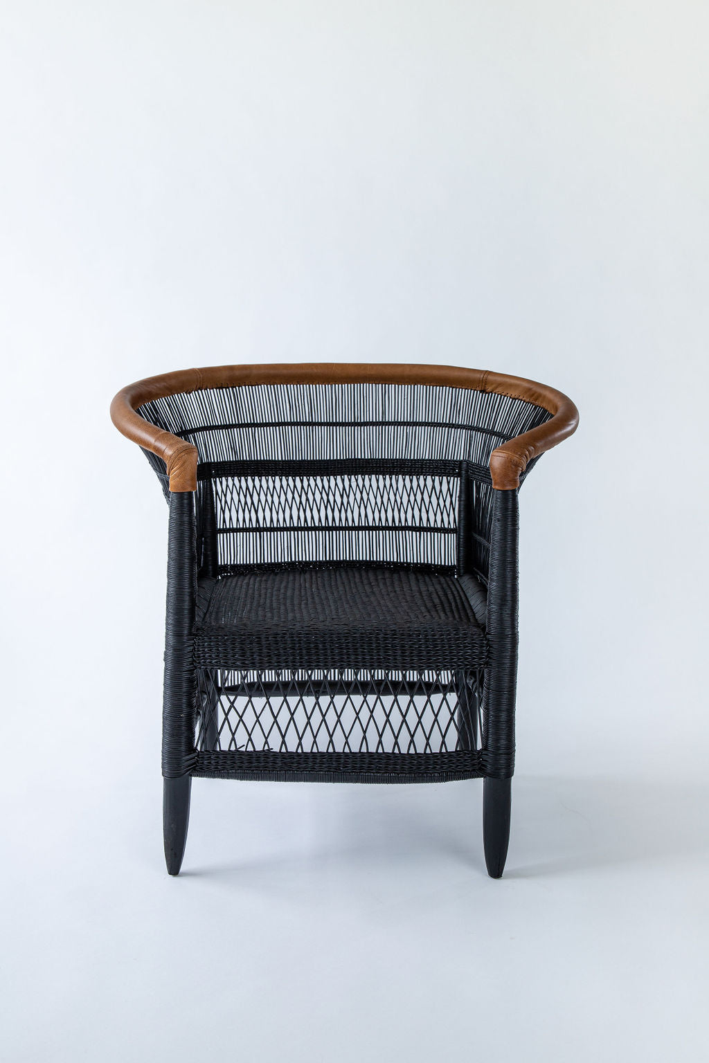 Imperfect - 1 x Black 1-Seater Malawi Cane Chair with Leather Trim