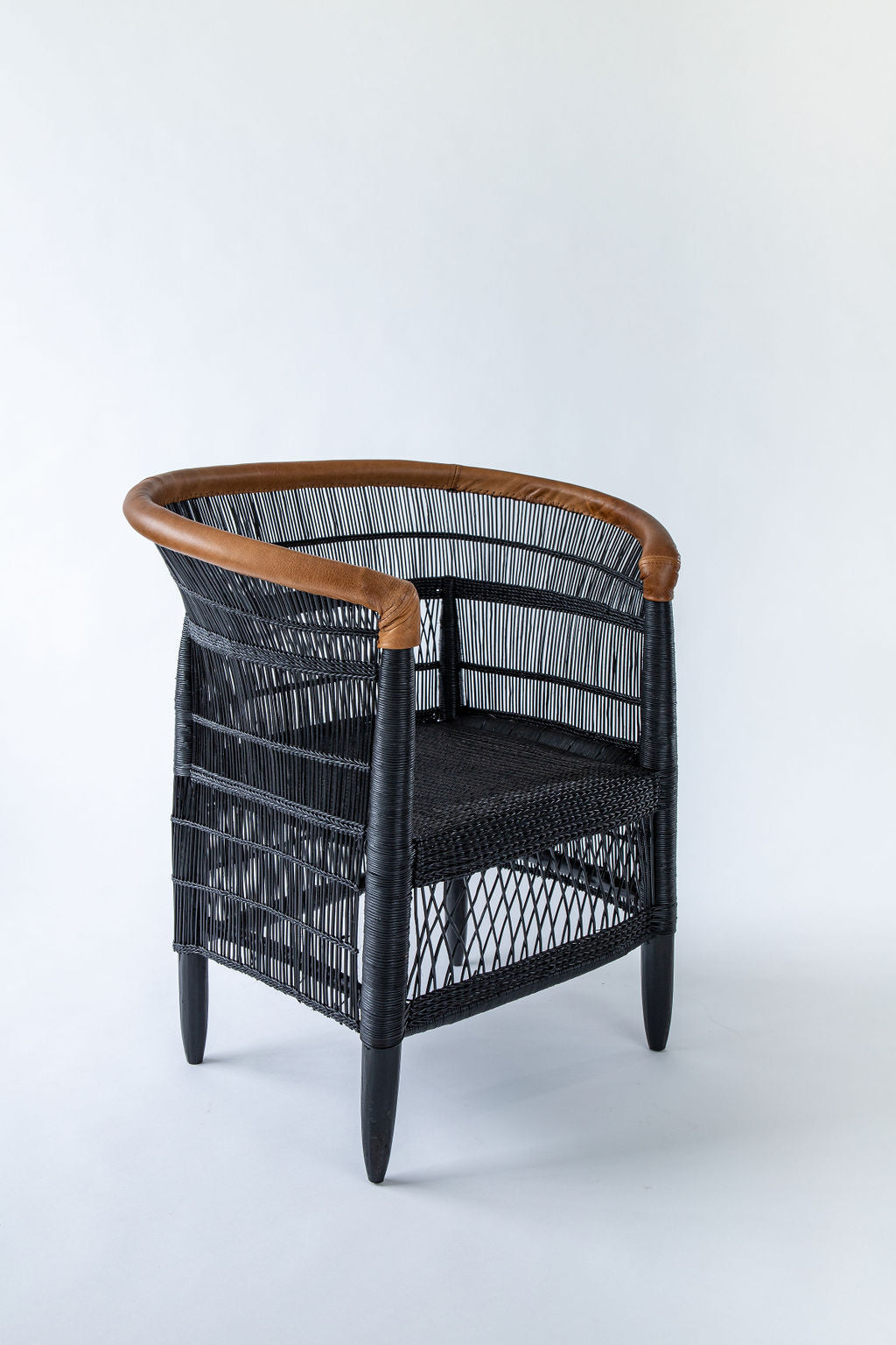 Imperfect - 1 x Black 1-Seater Malawi Cane Chair with Leather Trim