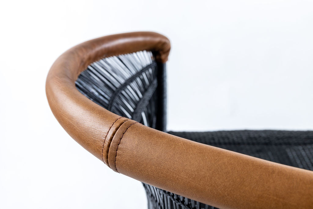 Imperfect - 1 x Black 1-Seater Malawi Cane Chair with Leather Trim