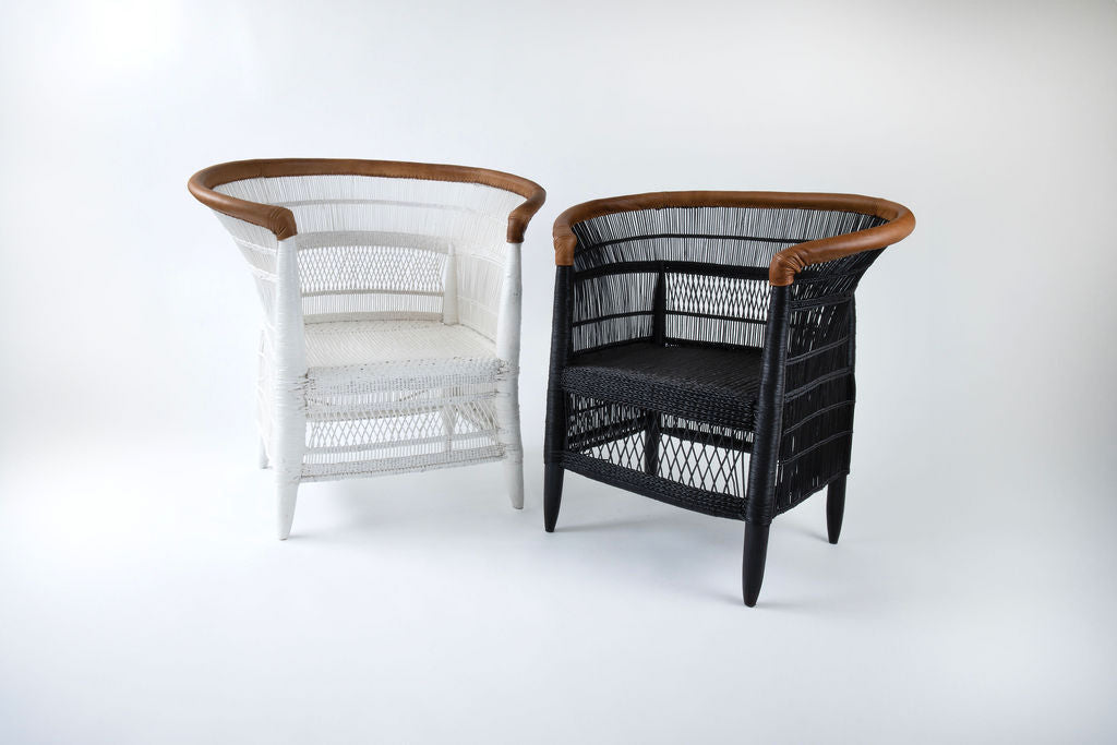 Imperfect - 1 x Black 1-Seater Malawi Cane Chair with Leather Trim