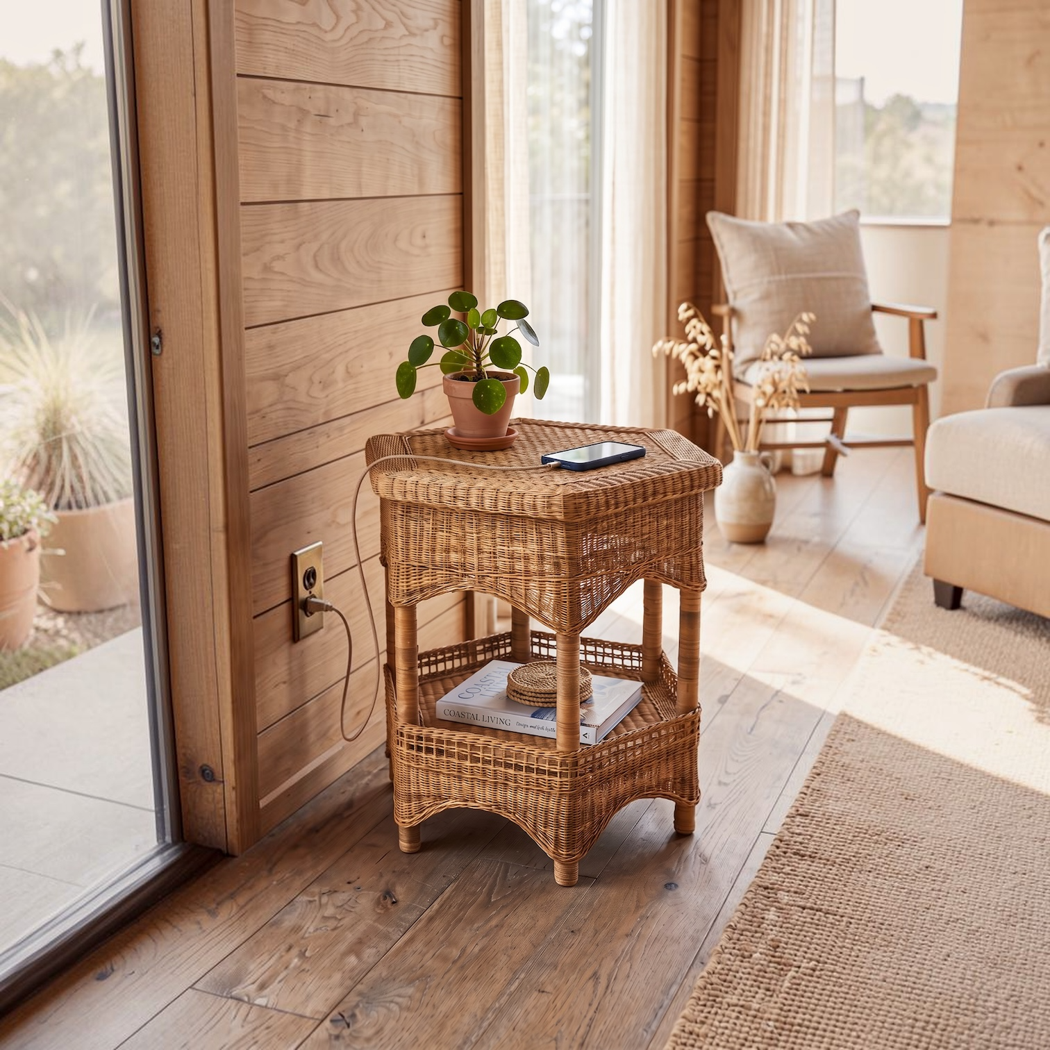 A small rectangular wicker side table with two tiers stands in a sunlit room with wood-paneled walls and large windows. A potted plant and a smartphone rest on top, and a book sits on the lower shelf.