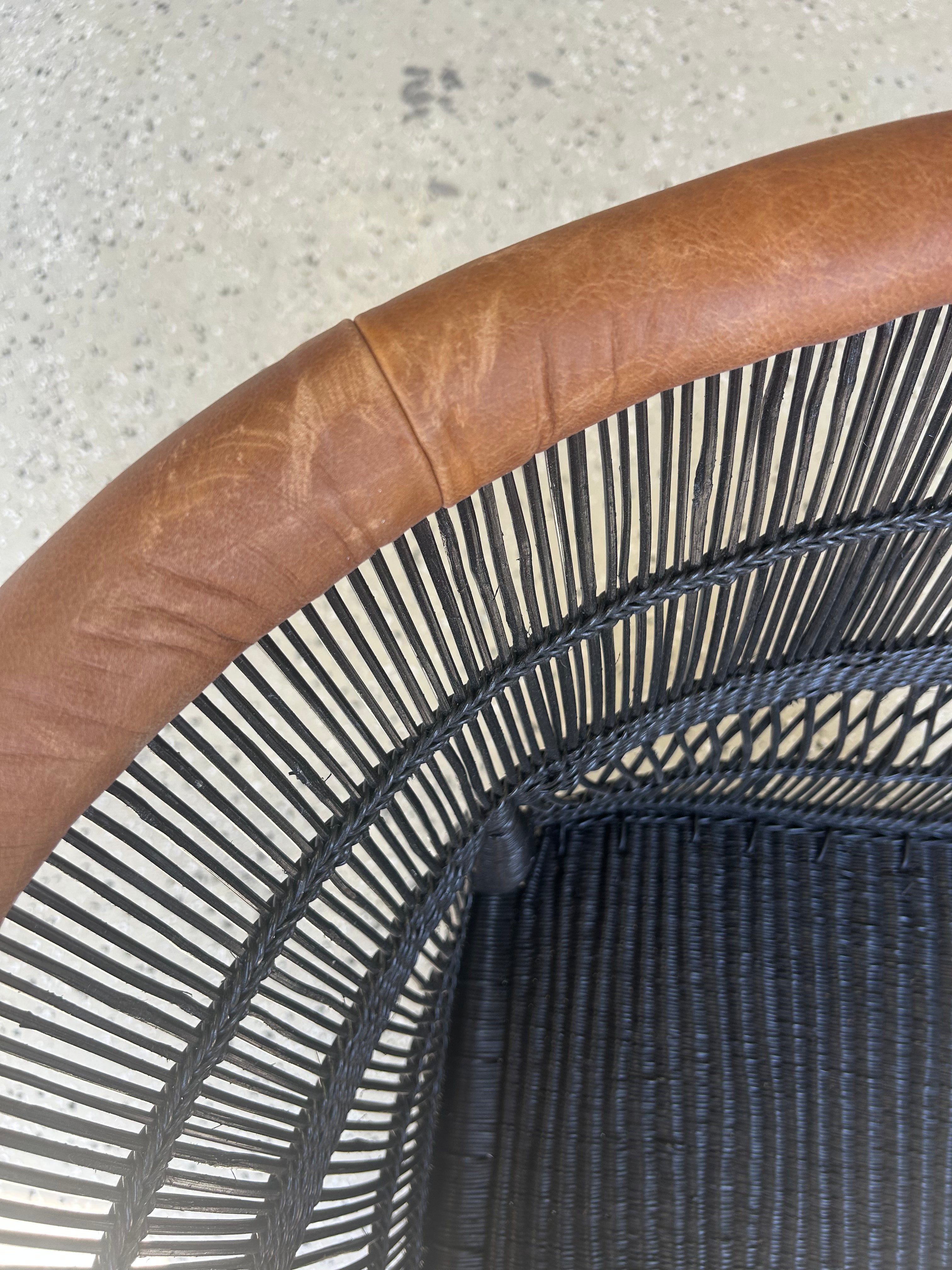 Imperfect - 1 x Black 1-Seater Malawi Cane Chair with Leather Trim