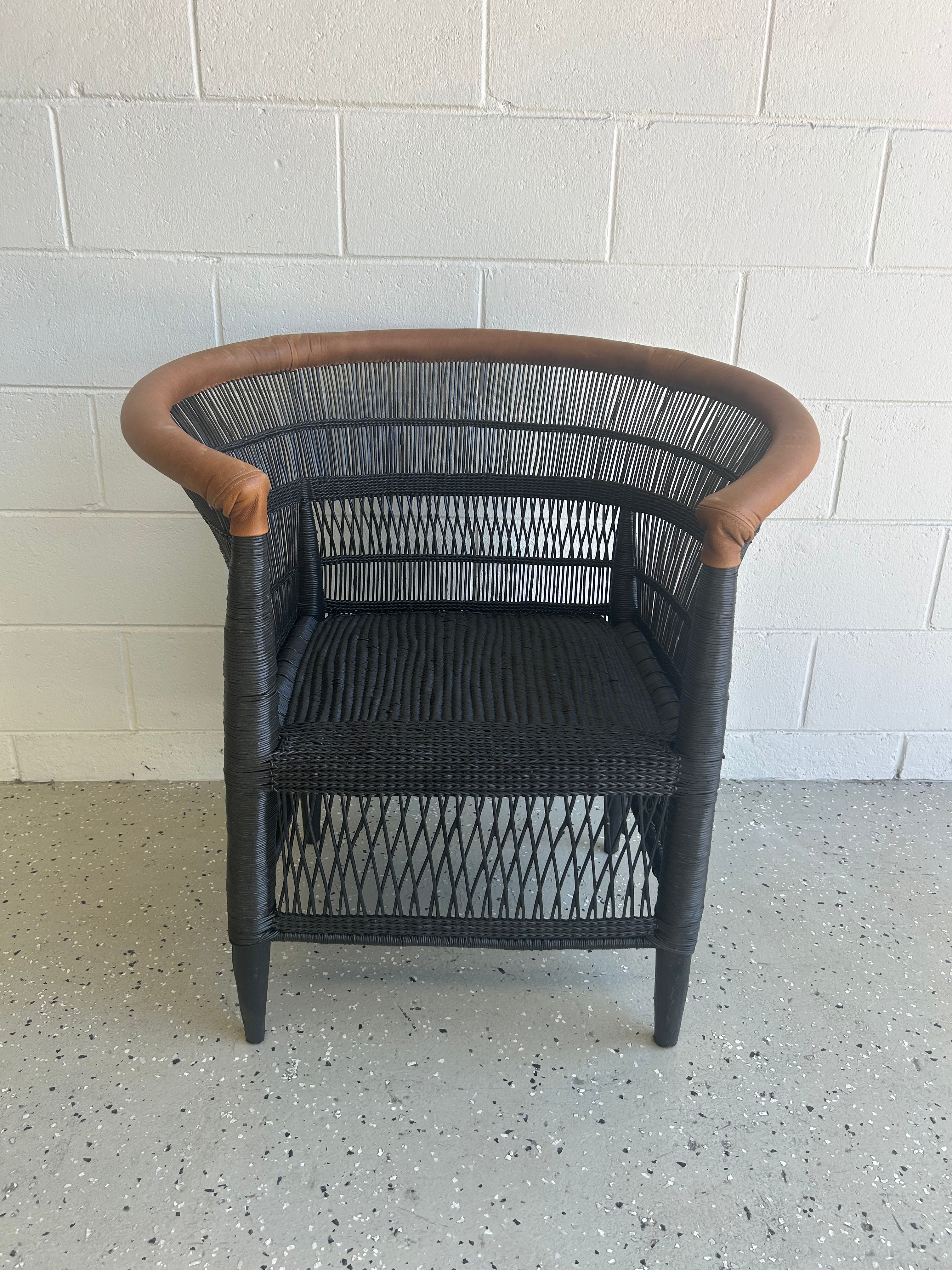 Imperfect - 1 x Black 1-Seater Malawi Cane Chair with Leather Trim