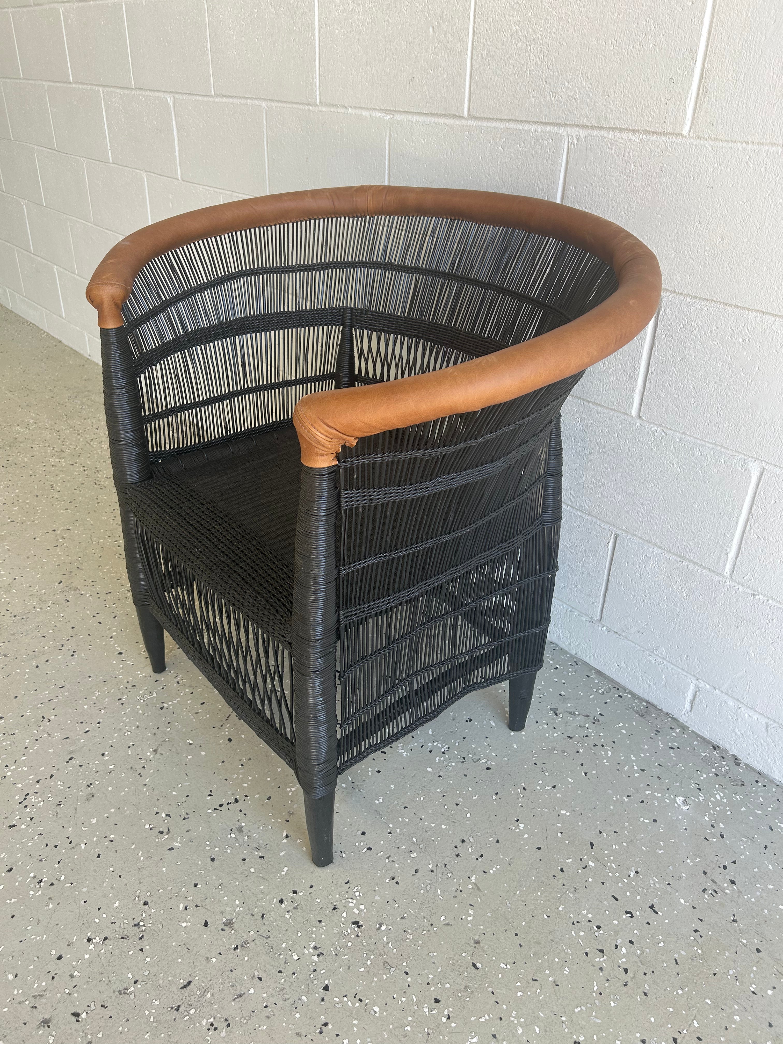 Imperfect - 1 x Black 1-Seater Malawi Cane Chair with Leather Trim
