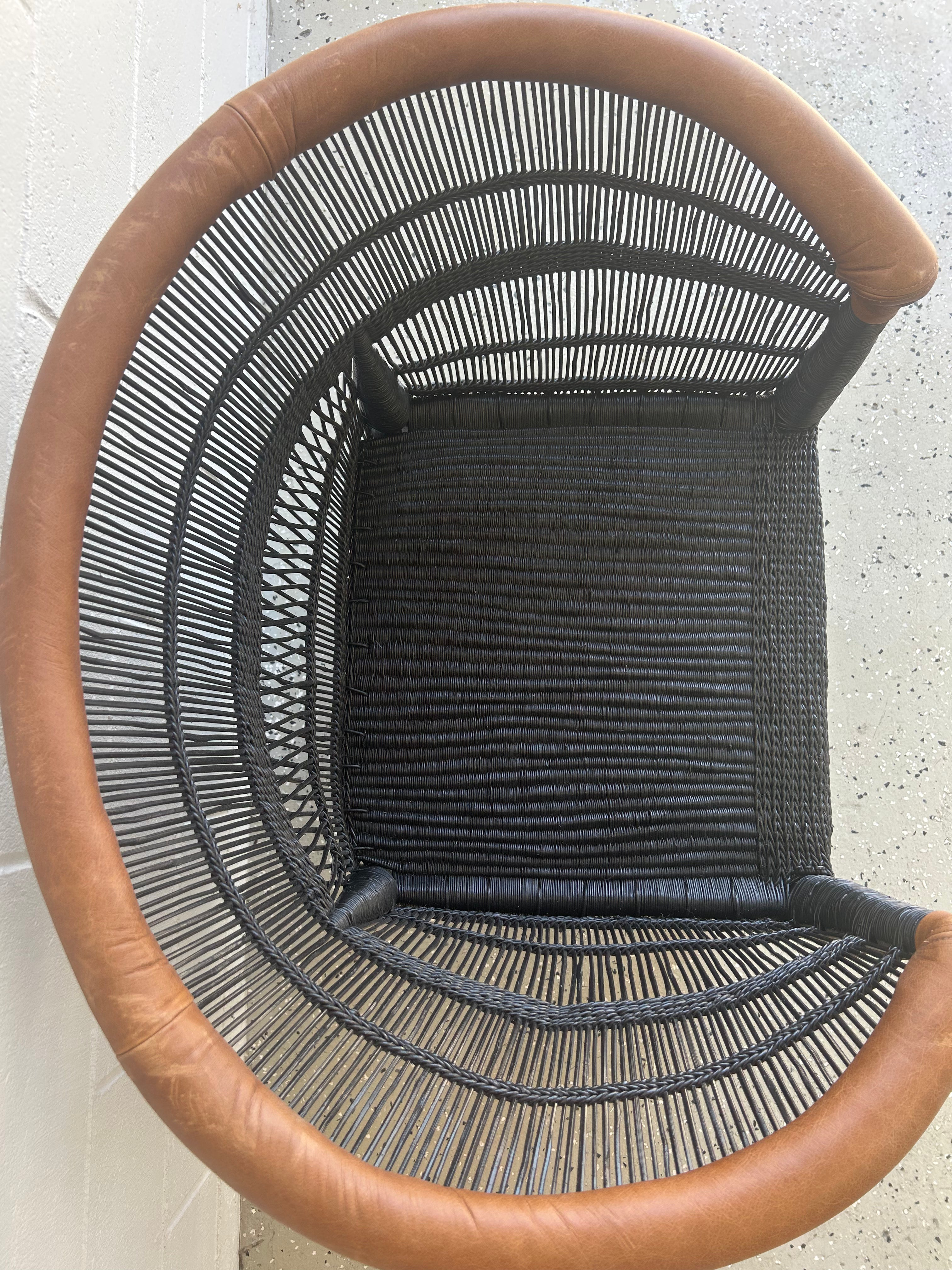 Imperfect - 1 x Black 1-Seater Malawi Cane Chair with Leather Trim