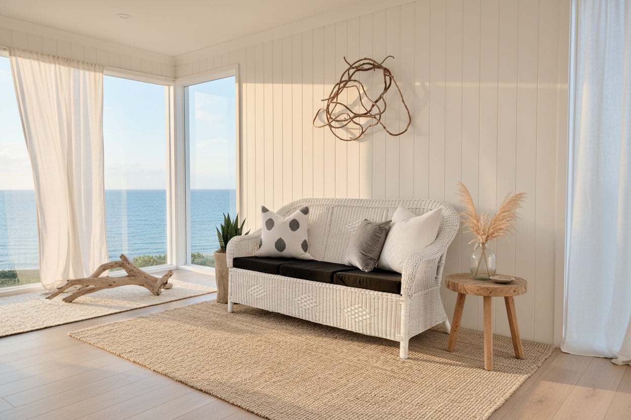 White wicker sofa with cushions against a neutral wall with decorative elements.