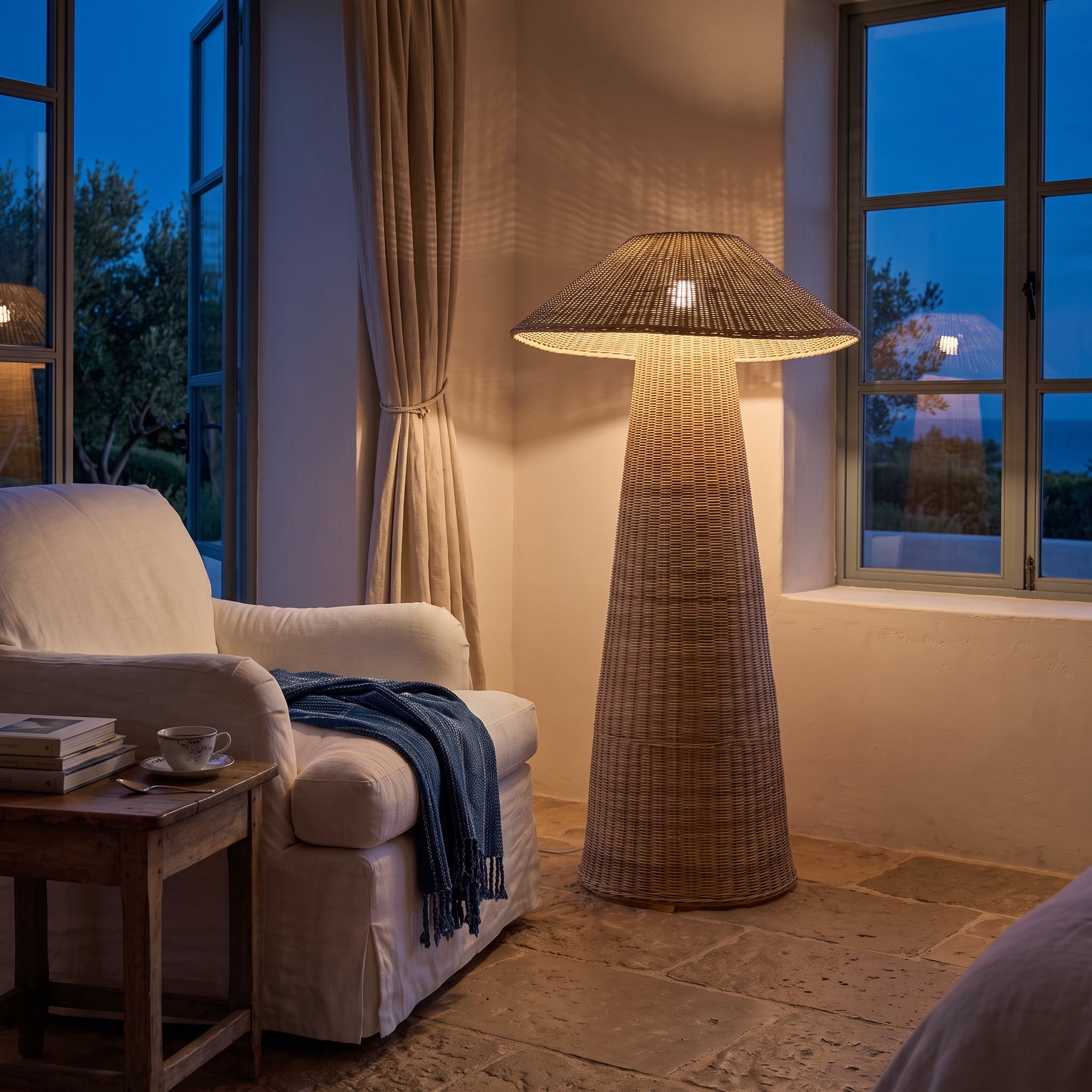 Our large tall cane floor lamp light up at night