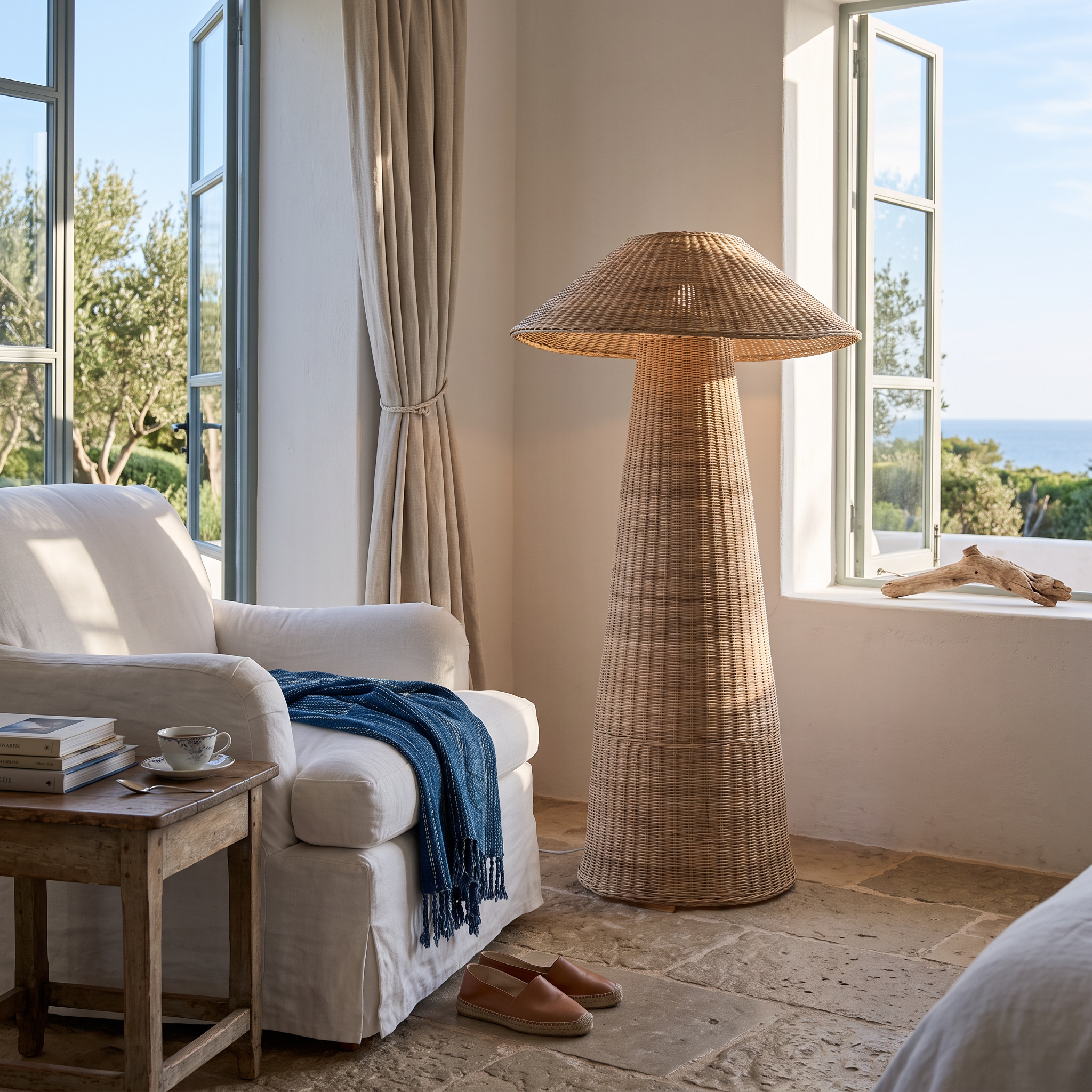 A tall woven floor lamp with a conical shade stands in a bright, sunlit room beside a white armchair, stone floor, and large windows overlooking greenery and the sea.