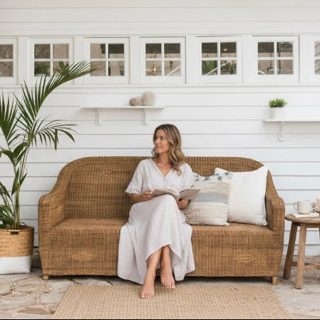 Woman sitting on a wicker sofa in a cozy outdoor setting with a white house in the background.