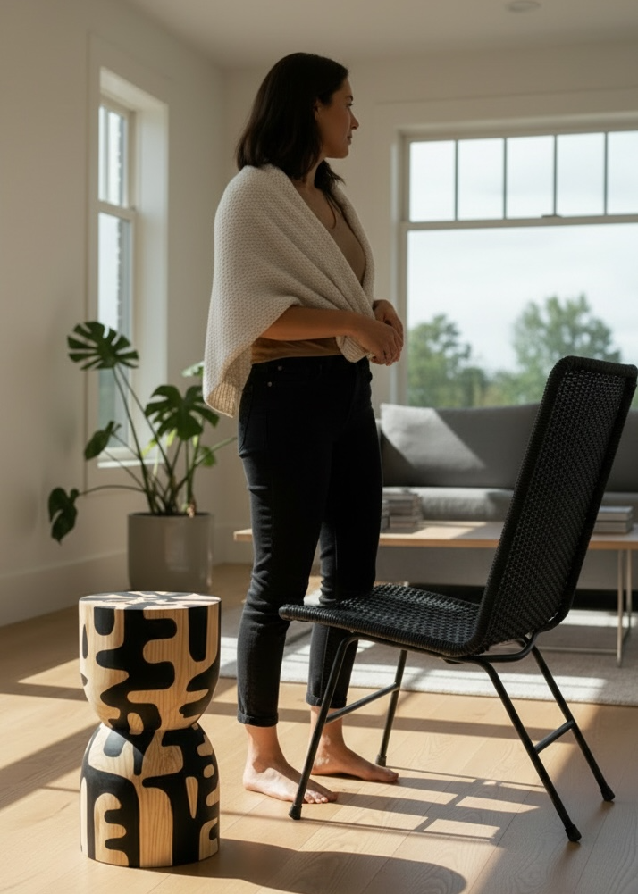 Woman standing in a modern living room with a black chair and patterned stool.