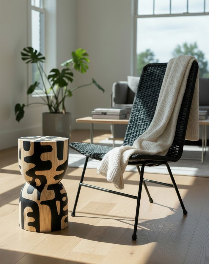 Modern interior with a chair, patterned side table, and plant in a bright room.