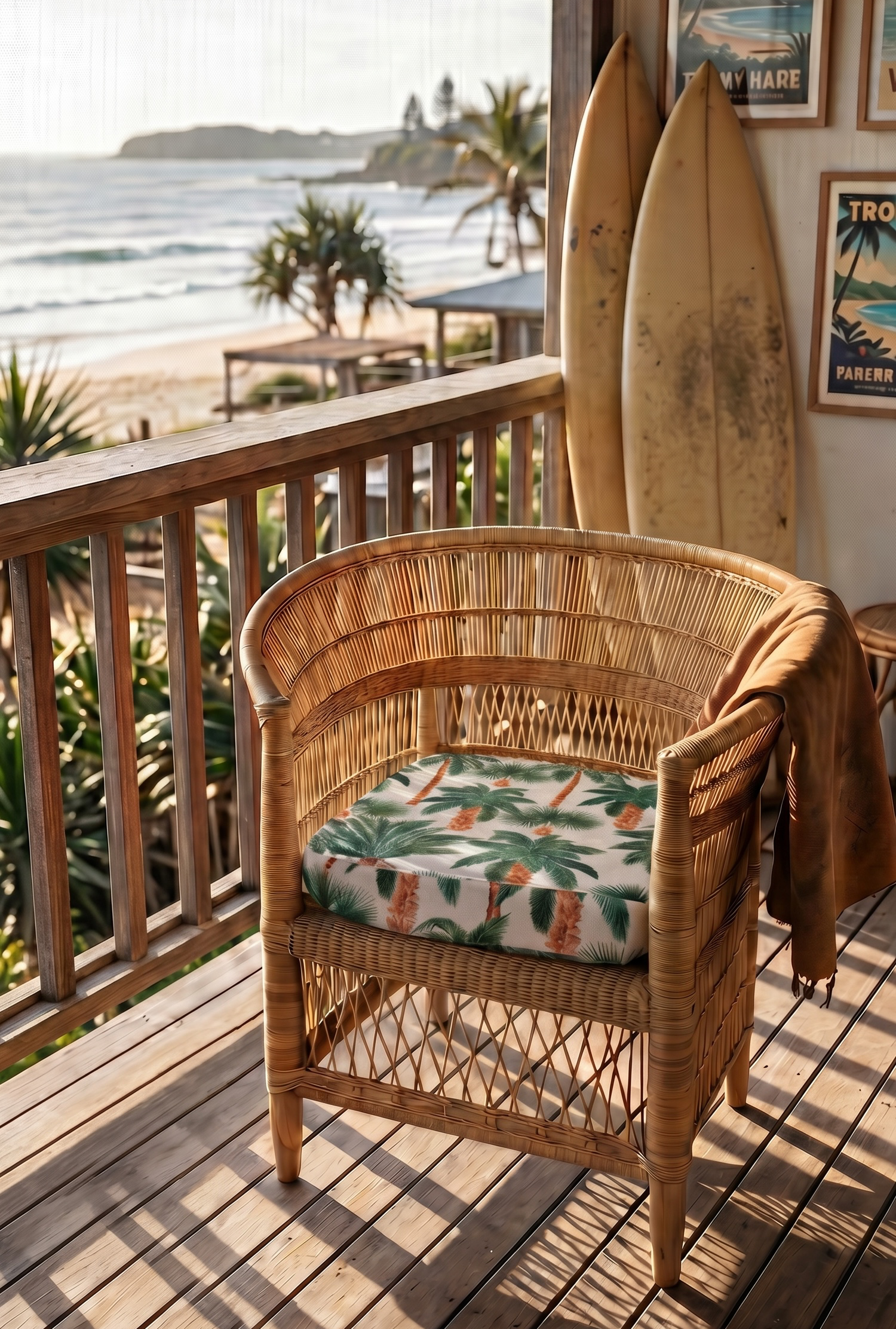 A woven rattan beach chair with a tropical leaf-print cushion sits on a wooden deck overlooking the ocean. Two tall surfboards lean against the wall, and framed tropical posters hang on the wall.