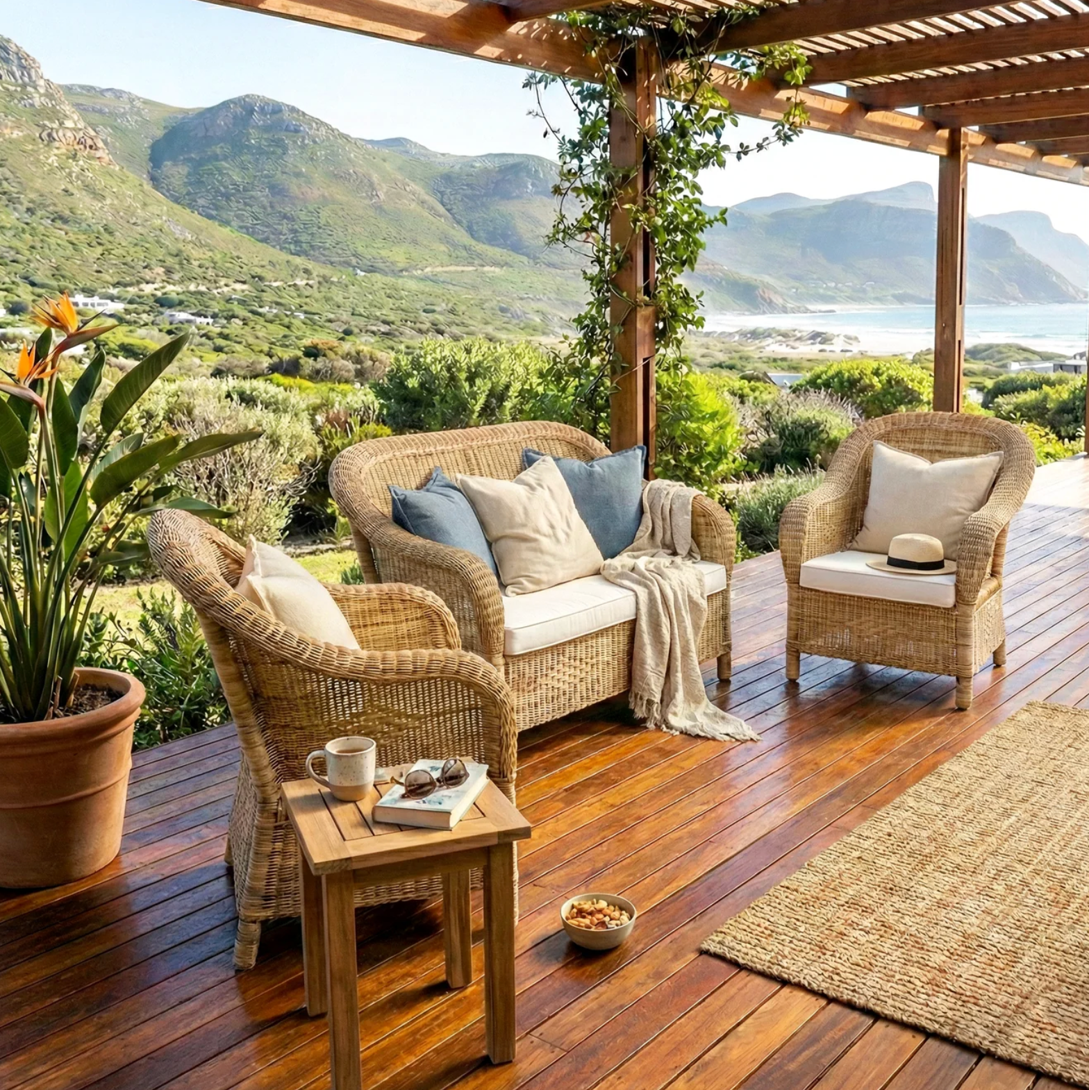 Outdoor patio with wicker furniture, cushions, and a scenic view of mountains and water.