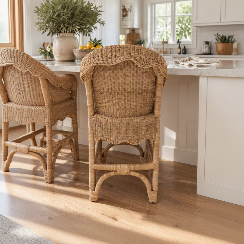 A natural woven rattan barstool with a scalloped backrest, shown from behind in a bright, modern kitchen setting with light wood floors and a marble countertop.