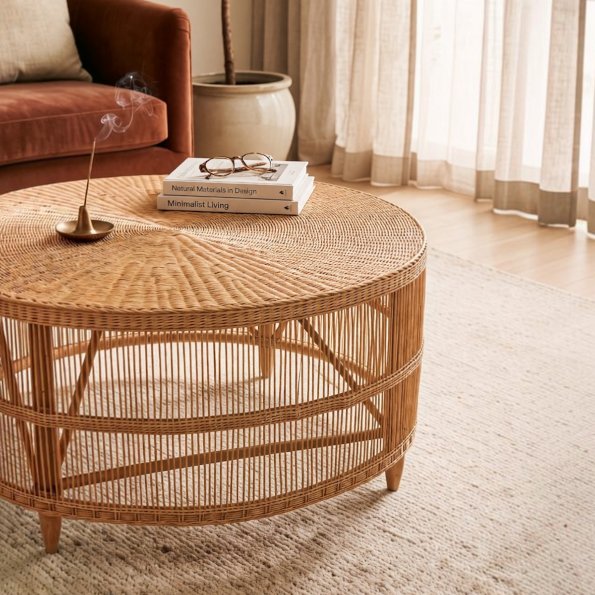 A round woven rattan coffee table in a warm natural tan color, styled in a bright living room with a book, glasses, and a smoking incense stick on top.