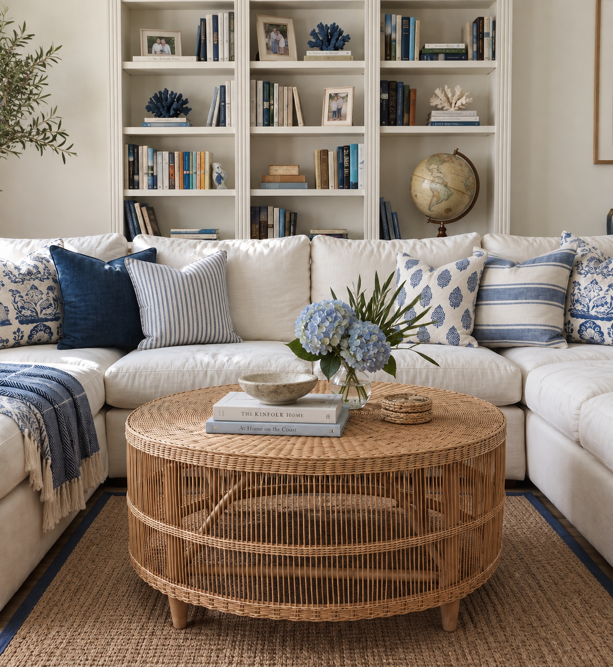 A styled living room featuring a large white sectional sofa with blue and white patterned throw pillows, a round natural wicker coffee table, and a built-in white bookshelf in the background.
