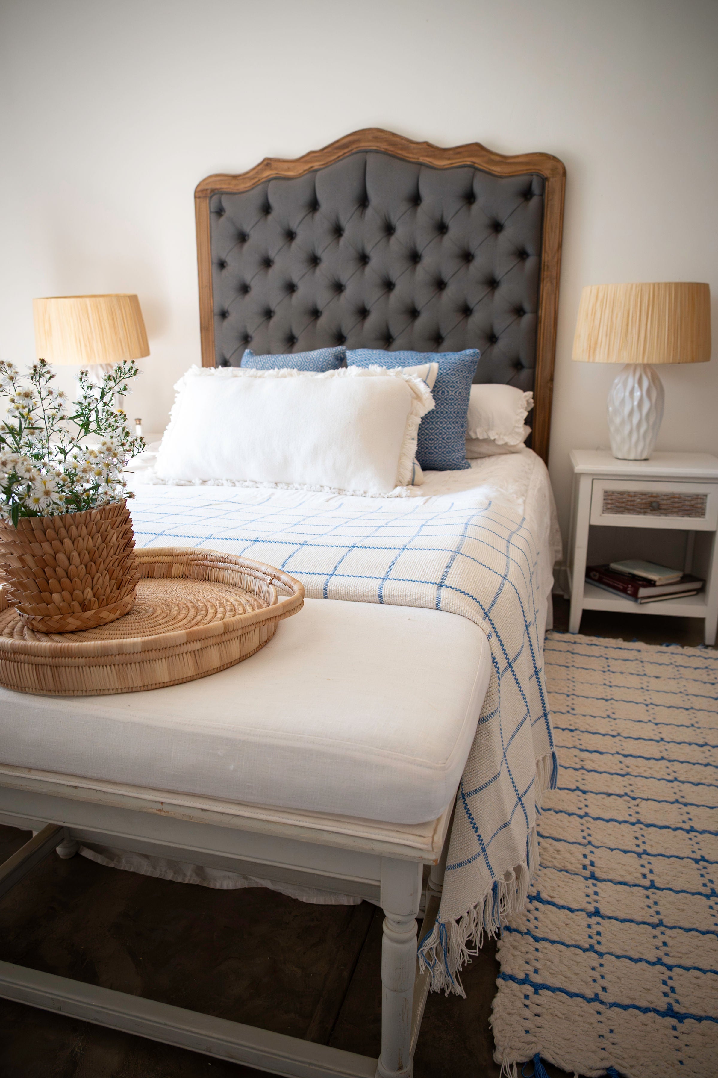 Ocean Blue Check Throw Blanket | Handwoven Cotton and Bamboo