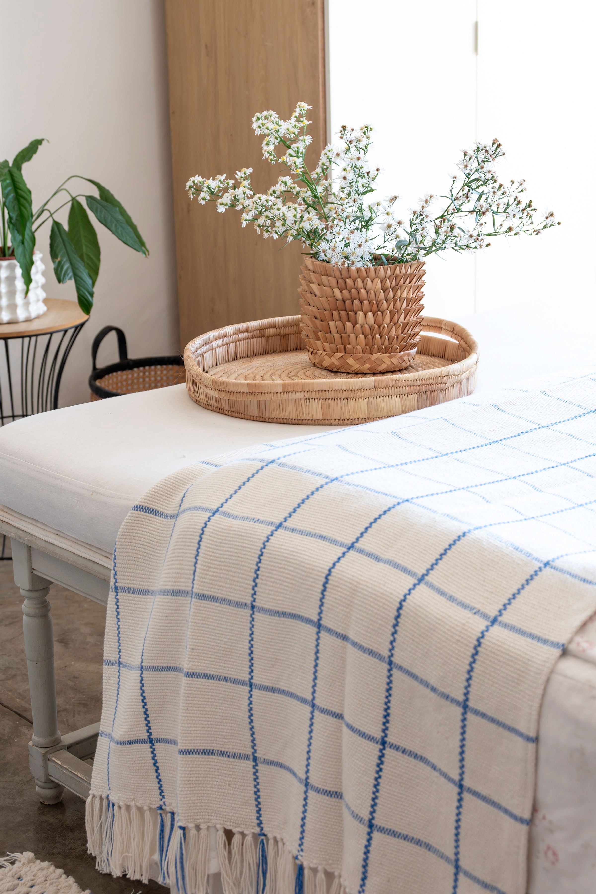Ocean Blue Check Throw Blanket | Handwoven Cotton and Bamboo