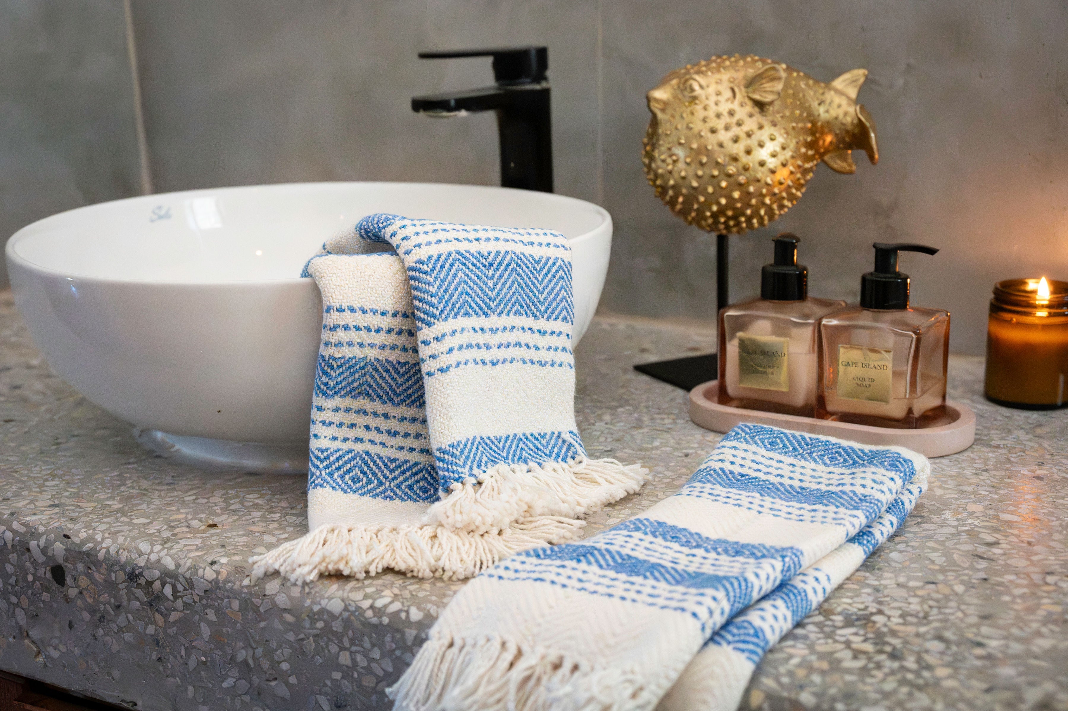 Woven Natural Fibre Hand Towels | Diamond Stripe Pattern | Set of Two