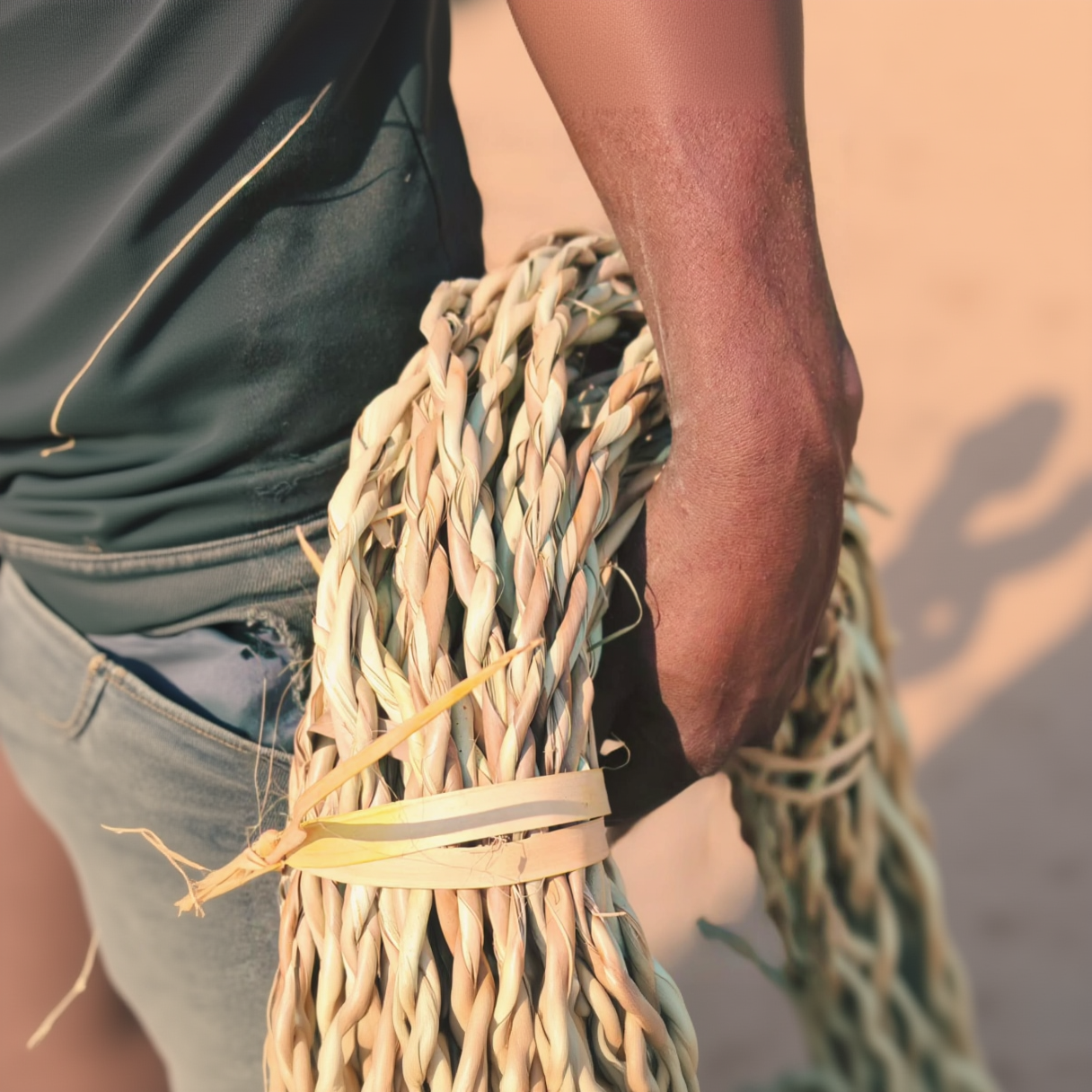 Close-up of a bundle of woven sticks held by a person.